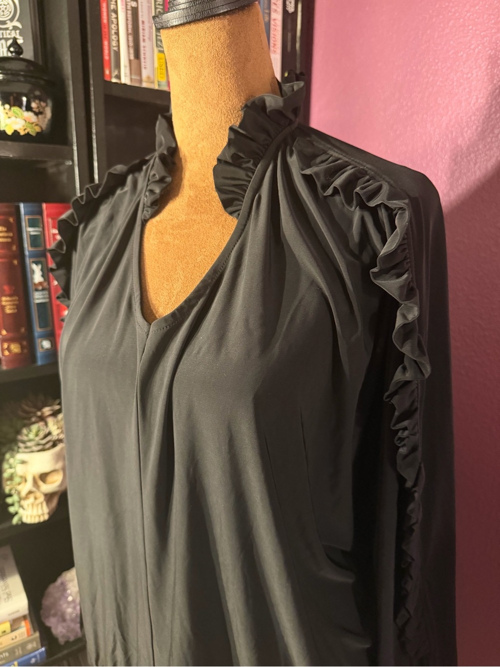 Vampire-goth Black Ruffle-Trim V-Neck batwing soft and stretchy top by